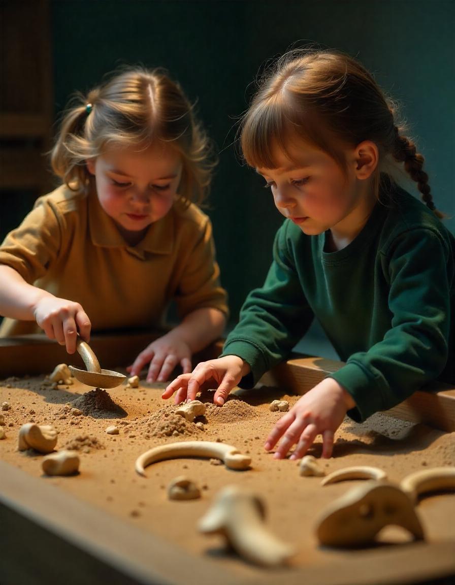 Niños jugando con arena y huesos de dinosaurio